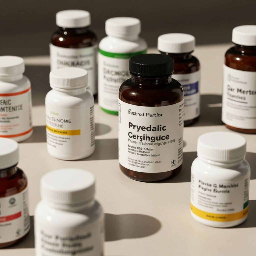 Various supplement bottles with clear labels organized on a neutral surface